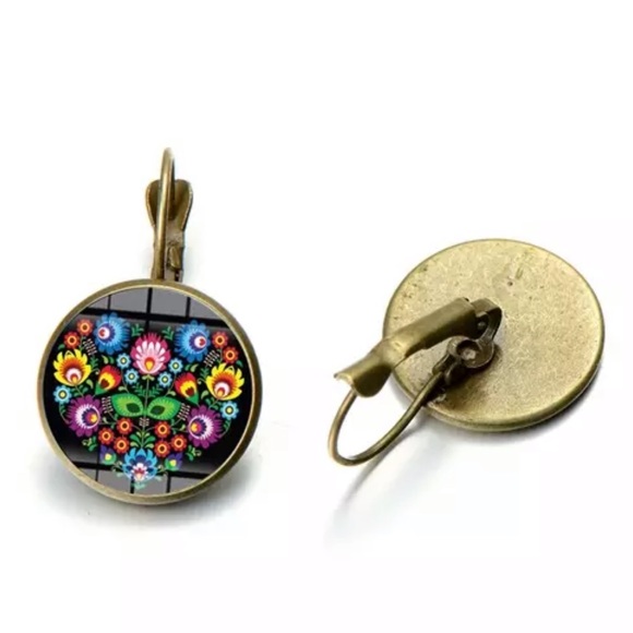 Boho Polish Folk‎ Pattern Drop Earrings Art Glass - Picture 1 of 1